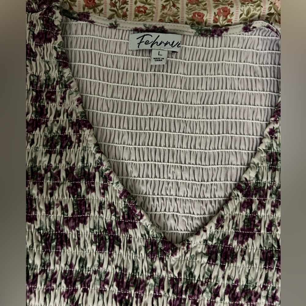 NWOT FEHRNVI Tayla Taupe Purple Floral Midi Cottagecore / Prairie Dress Large - Picture 8 of 10